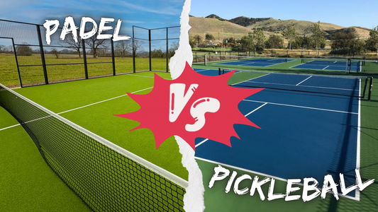 A padel court next to a pickleball court with text overlaying saying Padel vs Pickleball