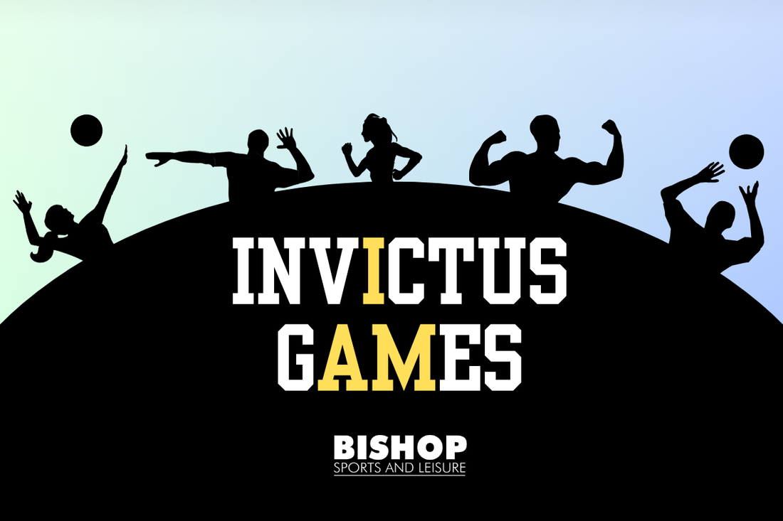 Silhouettes of athletes with 'Invictus Games' text and Bishop Sports logo, representing inclusivity and the power of sport.