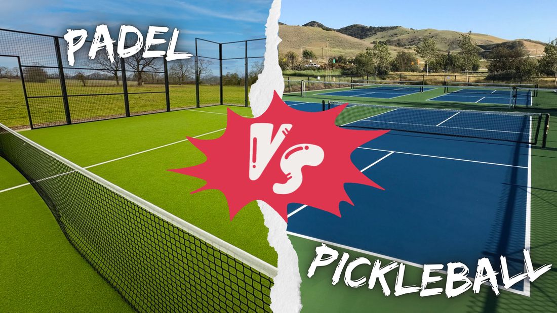 A padel court next to a pickleball court with text overlaying saying Padel vs Pickleball