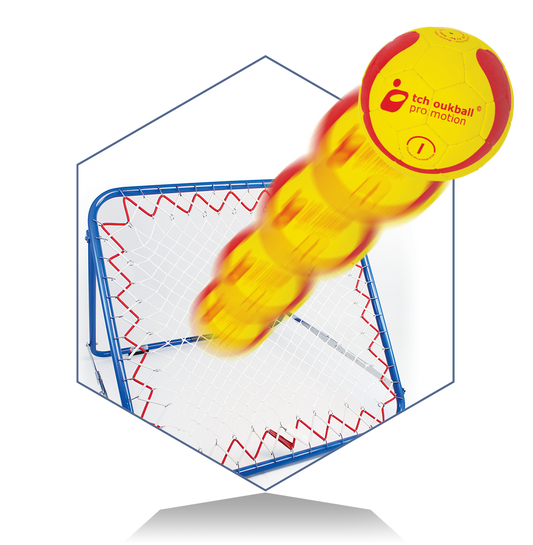 An official Tchoukball UK ball featuring a red and yellow pattern, bouncing off the rebound net during a Tchoukball match.