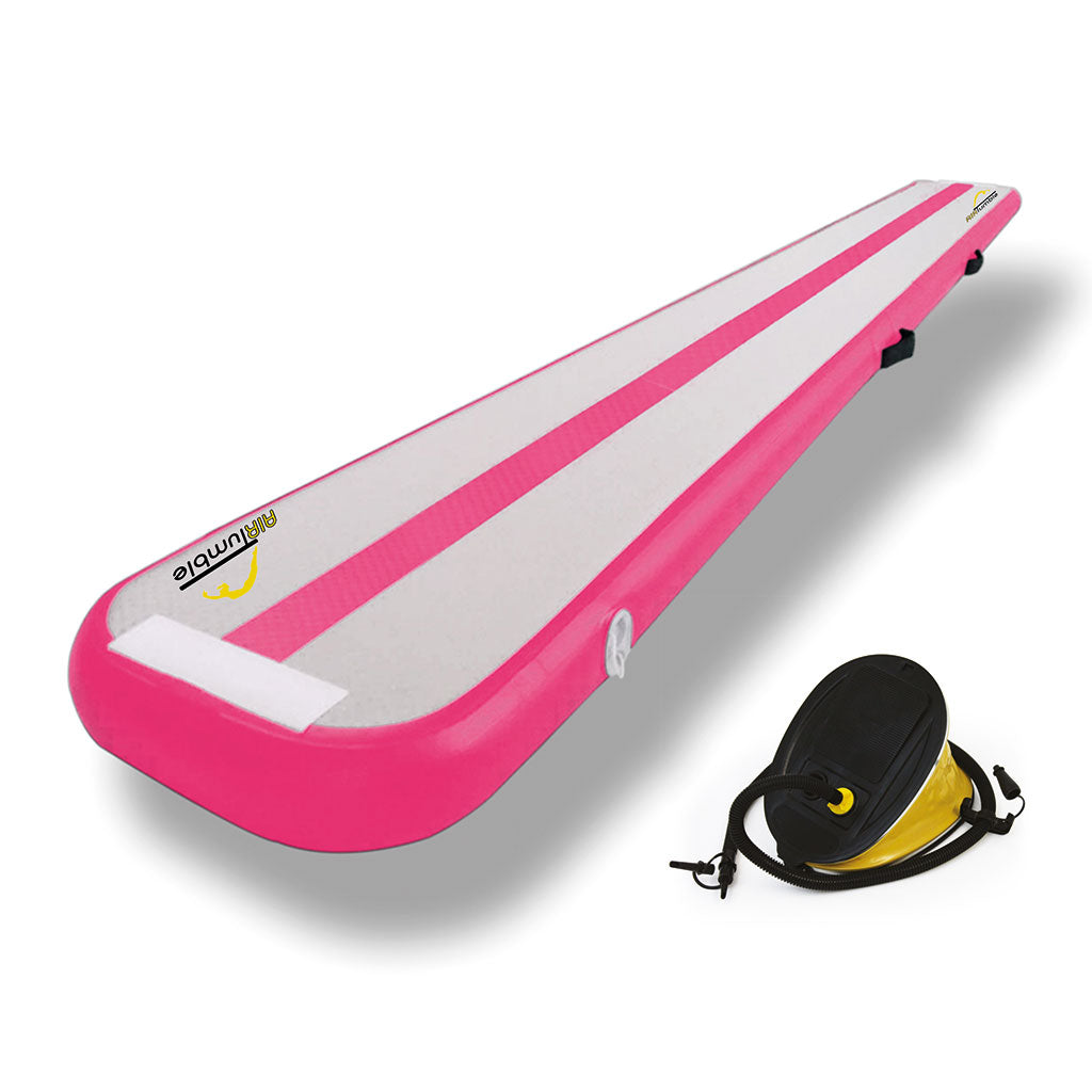 Pink AirTumble AirBeam inflatable gymnastics beam, 3m x 40cm x 10cm, with foot pump