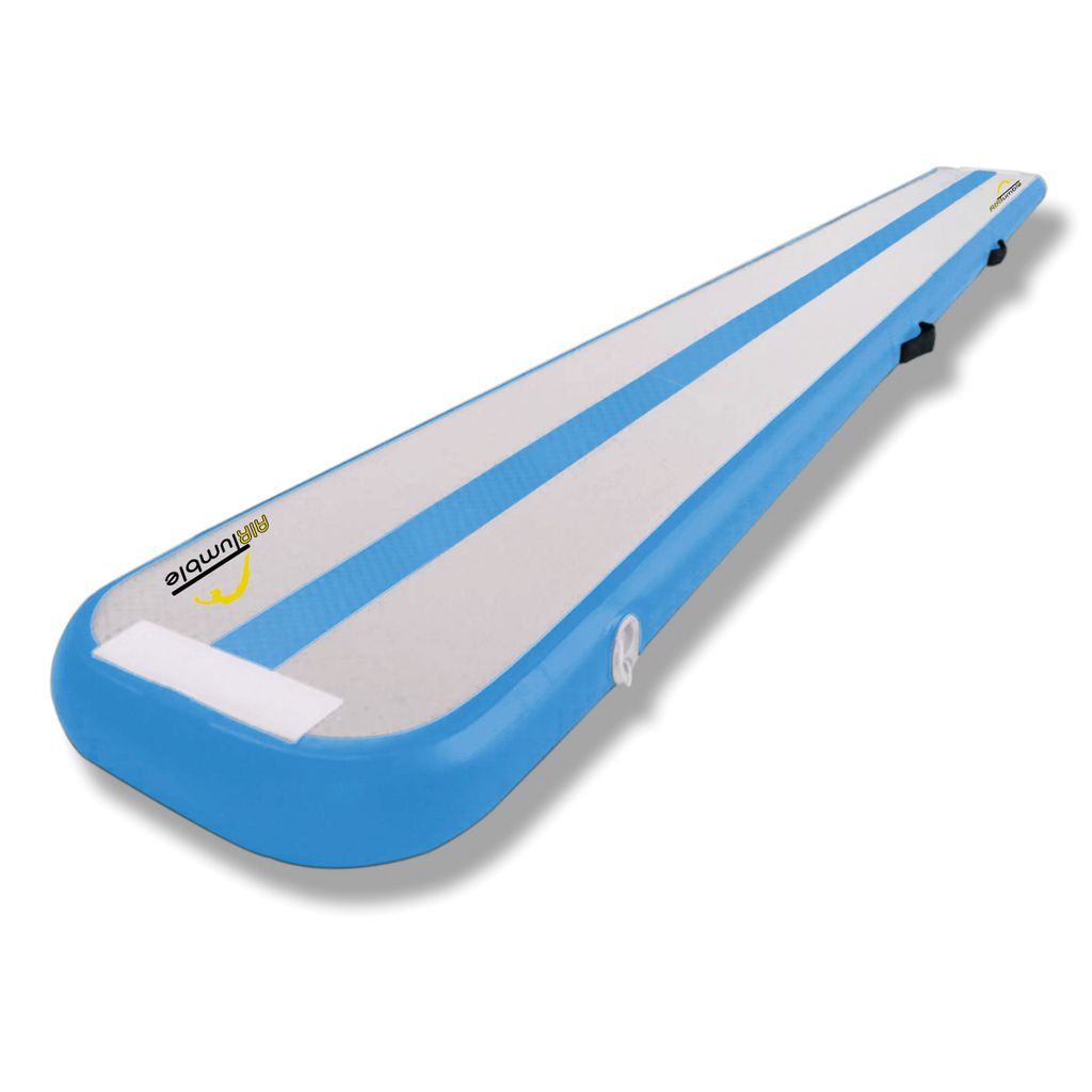 Blue AirTumble AirBeam inflatable gymnastics beam, 3m x 40cm x 10cm, with foot pump