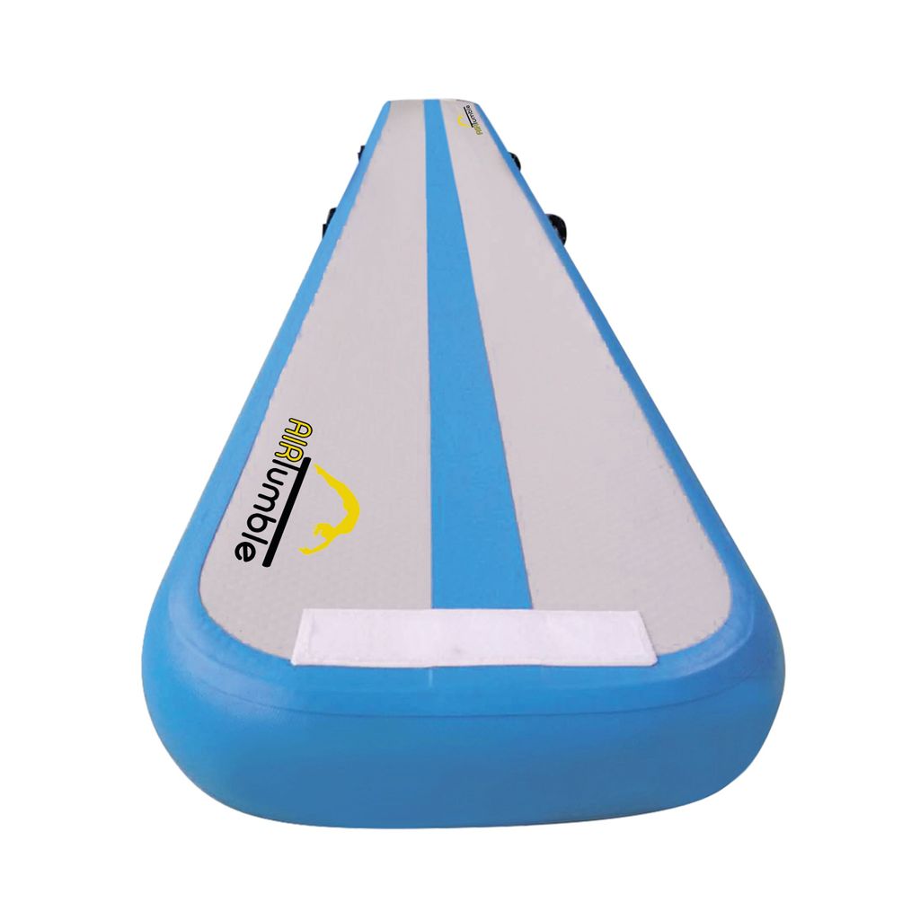 Blue AirTumble AirBeam inflatable gymnastics beam, 3m x 40cm x 10cm, with foot pump