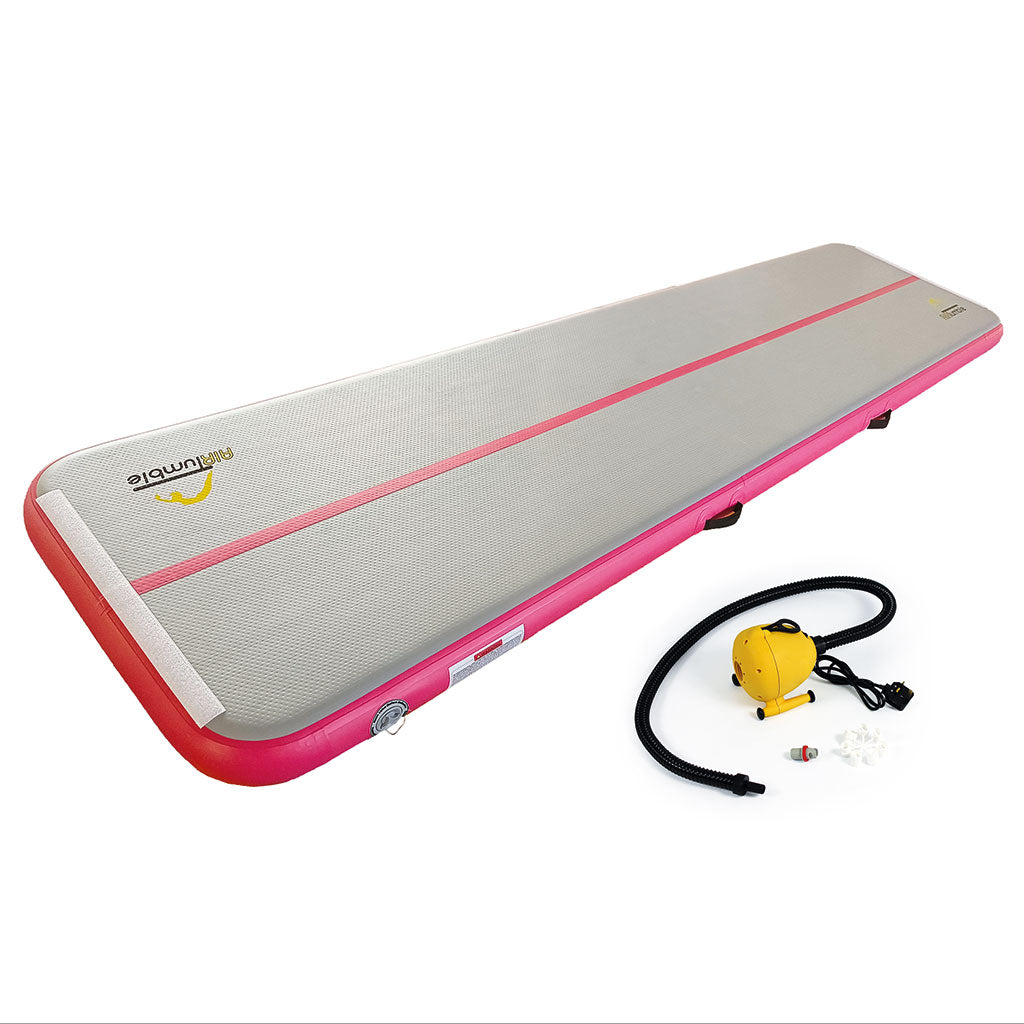 Pink Standard School AirTumble inflatable gymnastics track, 5m x 1m x 15cm, with Bravo OV6 electric pump