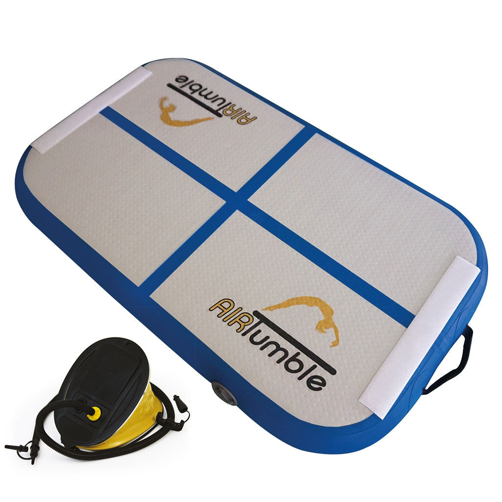 Blue AirTumble AirBoard inflatable gymnastics platform, 100cm x 60cm x 10cm, with foot pump