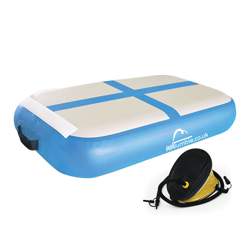 Blue AirTumble AirBlock inflatable gymnastics block, 100cm x 60cm x 20cm, with foot pump