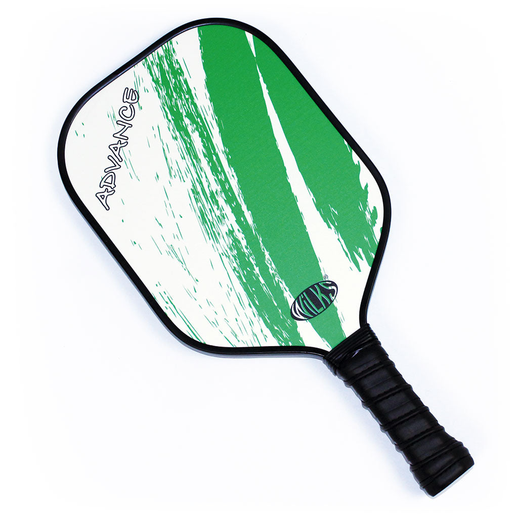 Green and white ADVANCE pickleball paddle with glass fibre face, black edge guard and non-slip grip handle.