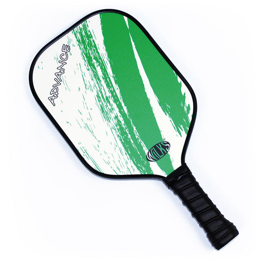 Green and white ADVANCE pickleball paddle with glass fibre face, black edge guard and non-slip grip handle.